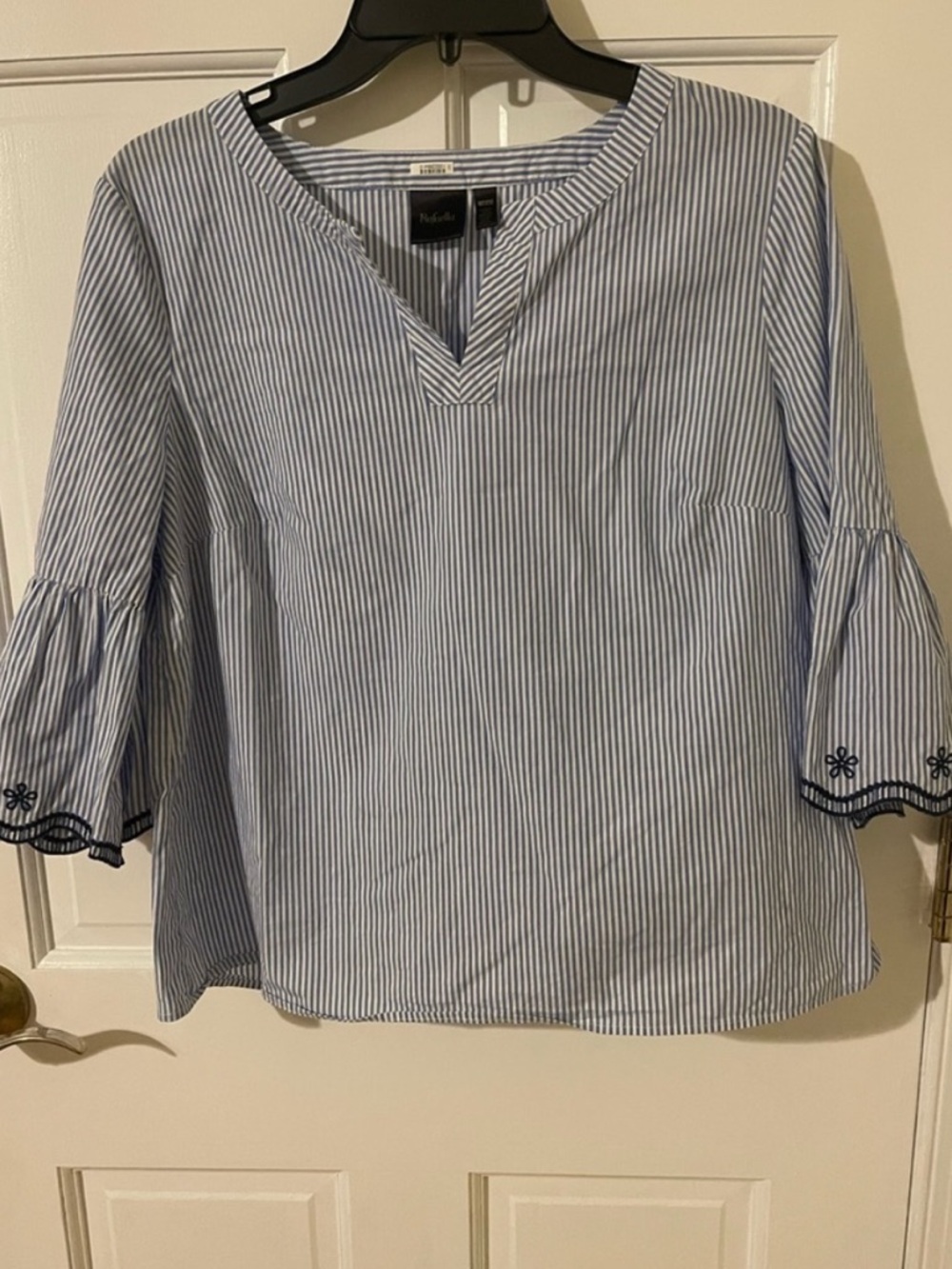 Rafaella Blue and White Striped Bell-Sleeve Blouse